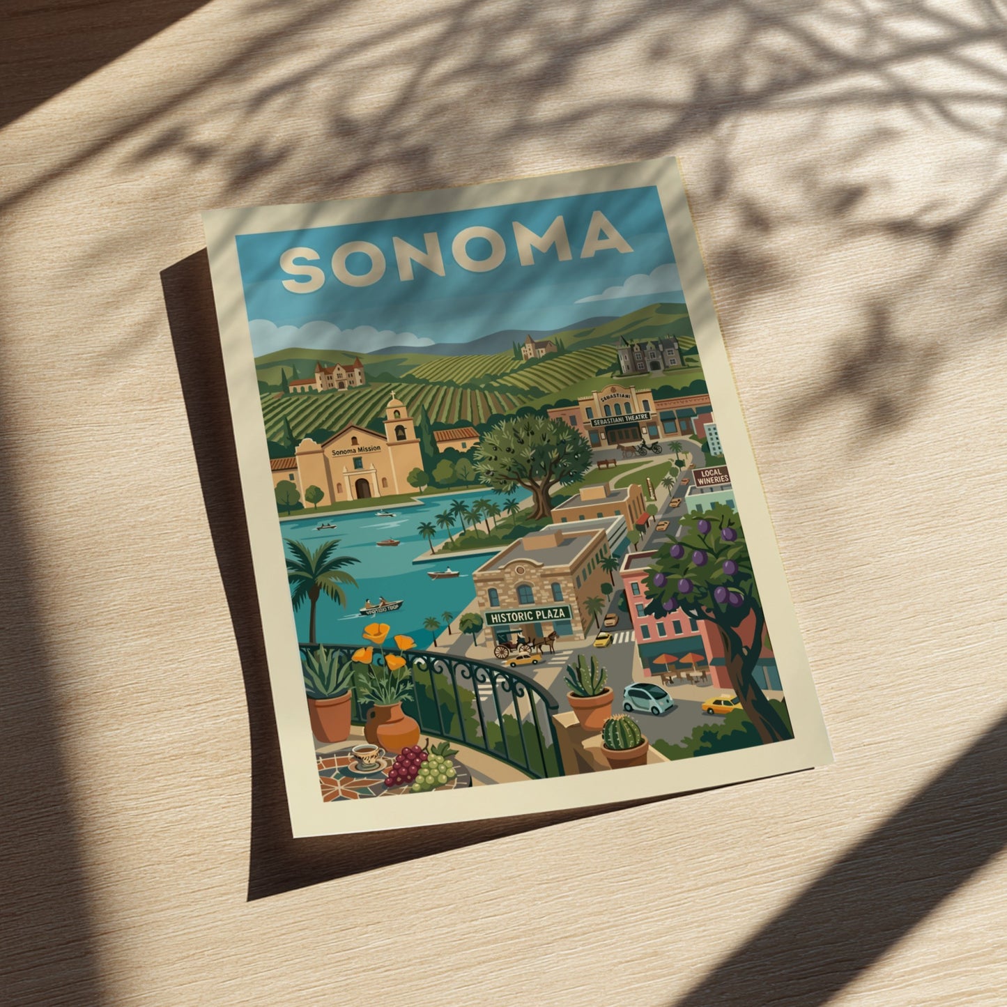 Sonoma landscape poster with vineyards, mission, and waterfront in a vintage travel art style.