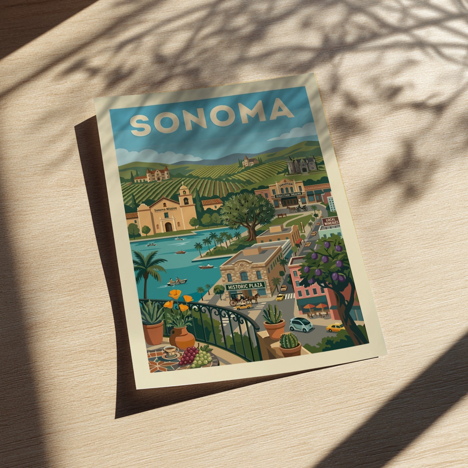 Sonoma landscape poster with vineyards, mission, and waterfront in a vintage travel art style.