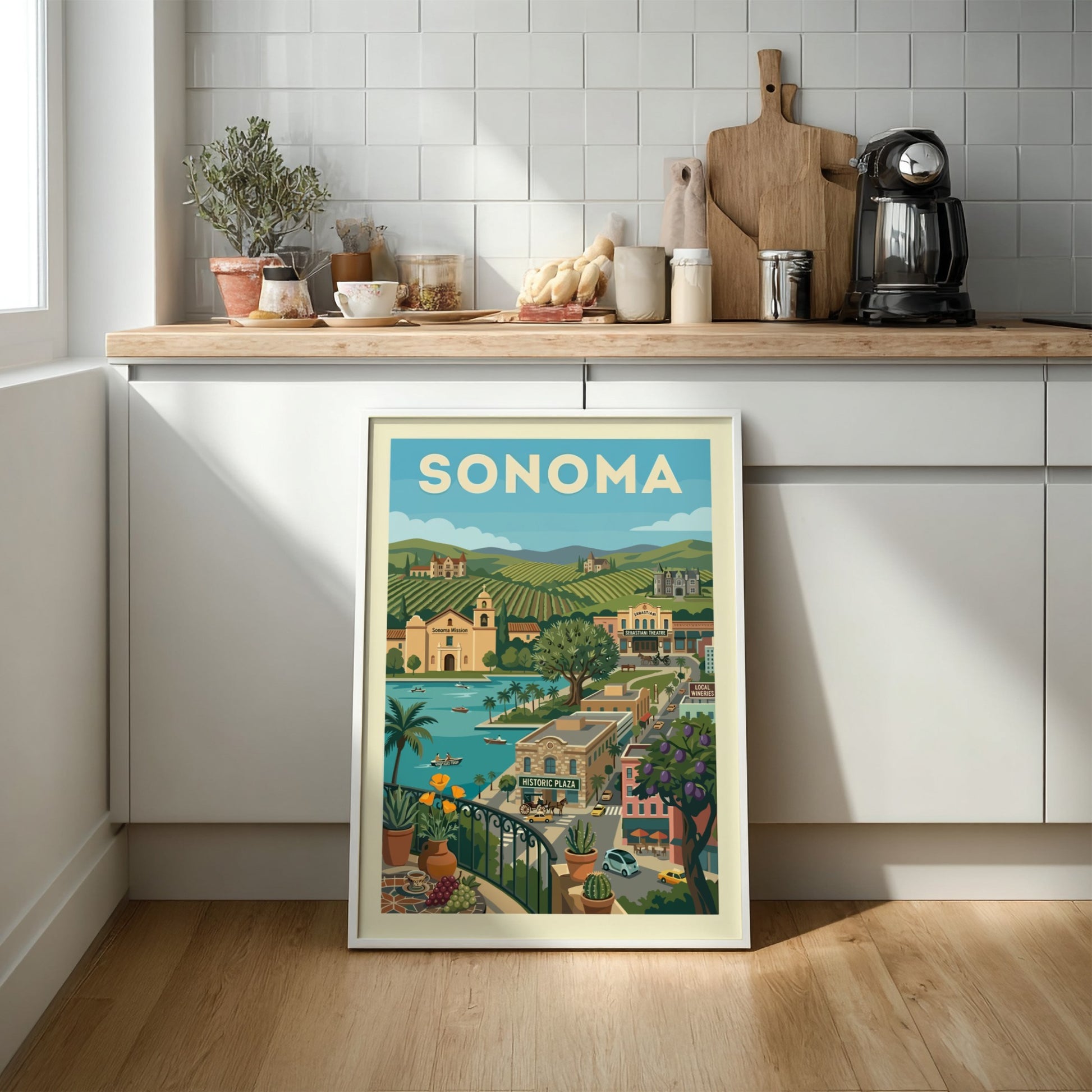 Sonoma landscape poster with vineyards, mission, and waterfront in a vintage travel art style.