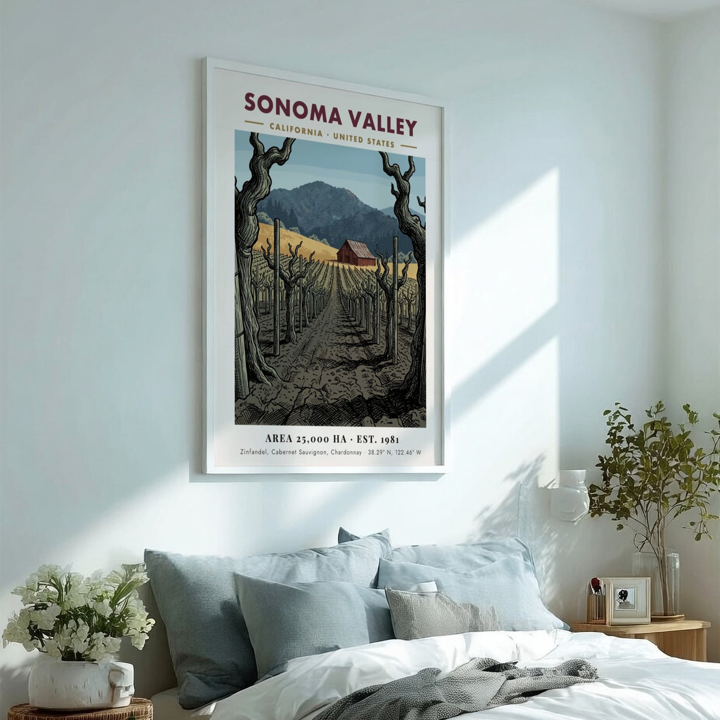 Poster depicting Sonoma Valley vineyard with rows of vines leading to a red barn