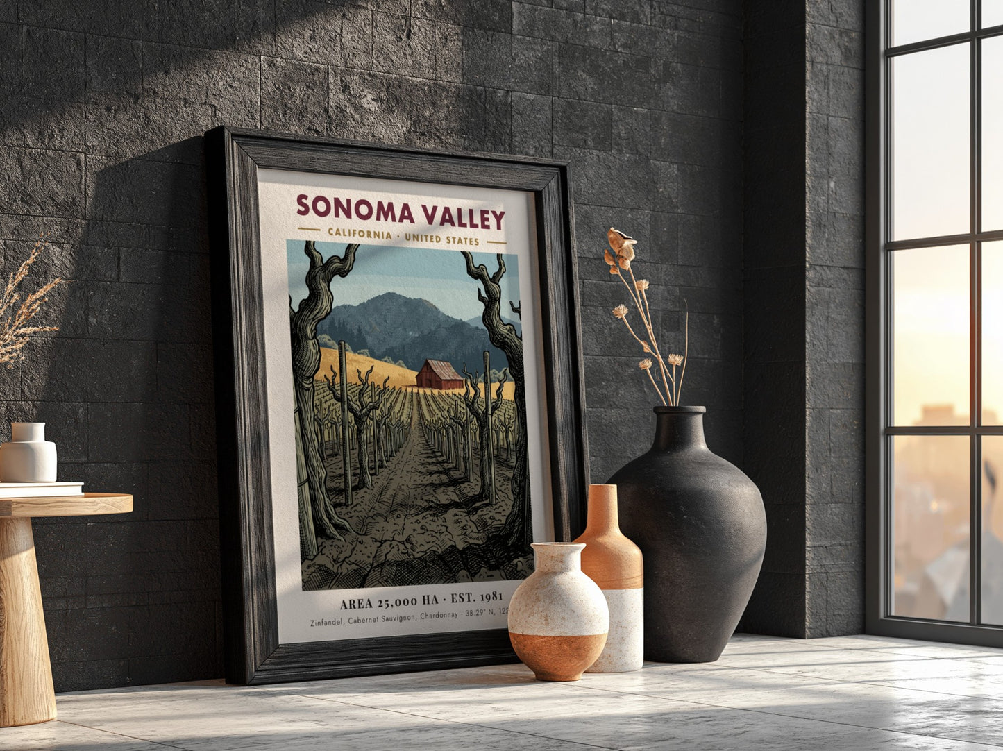 Poster depicting Sonoma Valley vineyard with rows of vines leading to a red barn