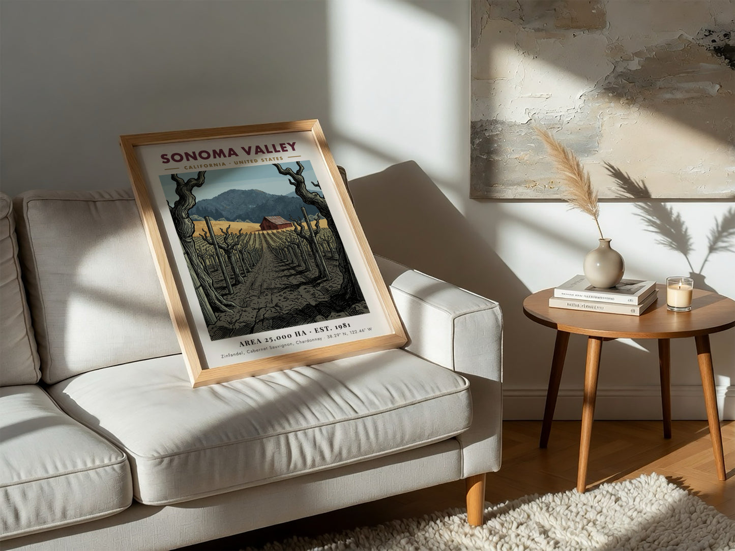 Poster depicting Sonoma Valley vineyard with rows of vines leading to a red barn