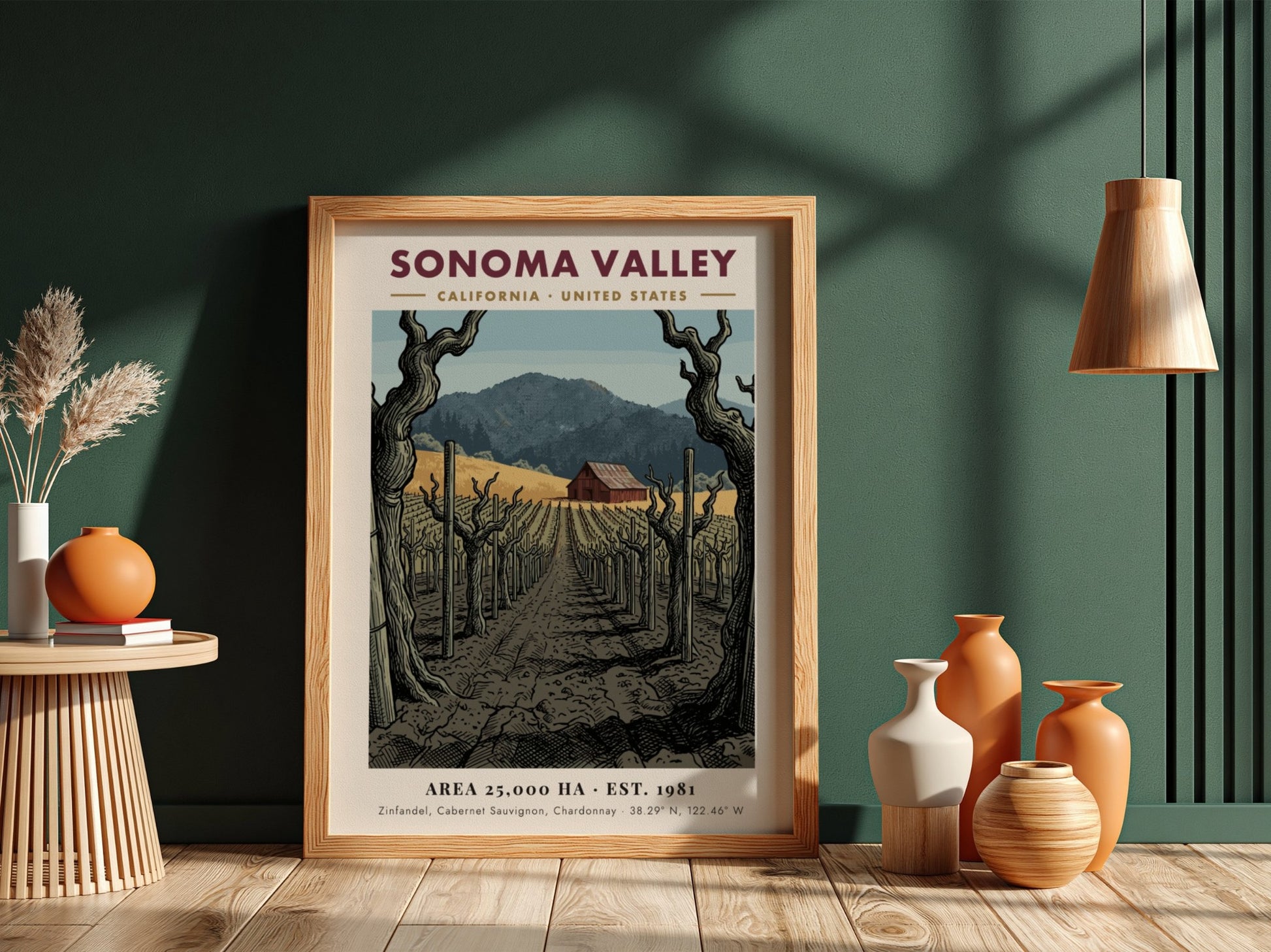 Poster depicting Sonoma Valley vineyard with rows of vines leading to a red barn