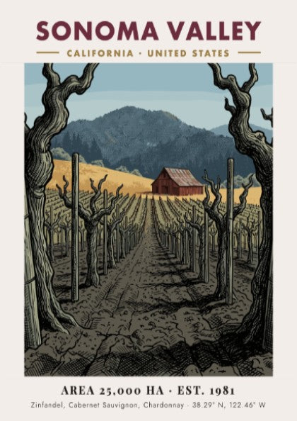 Poster depicting Sonoma Valley vineyard with rows of vines leading to a red barn
