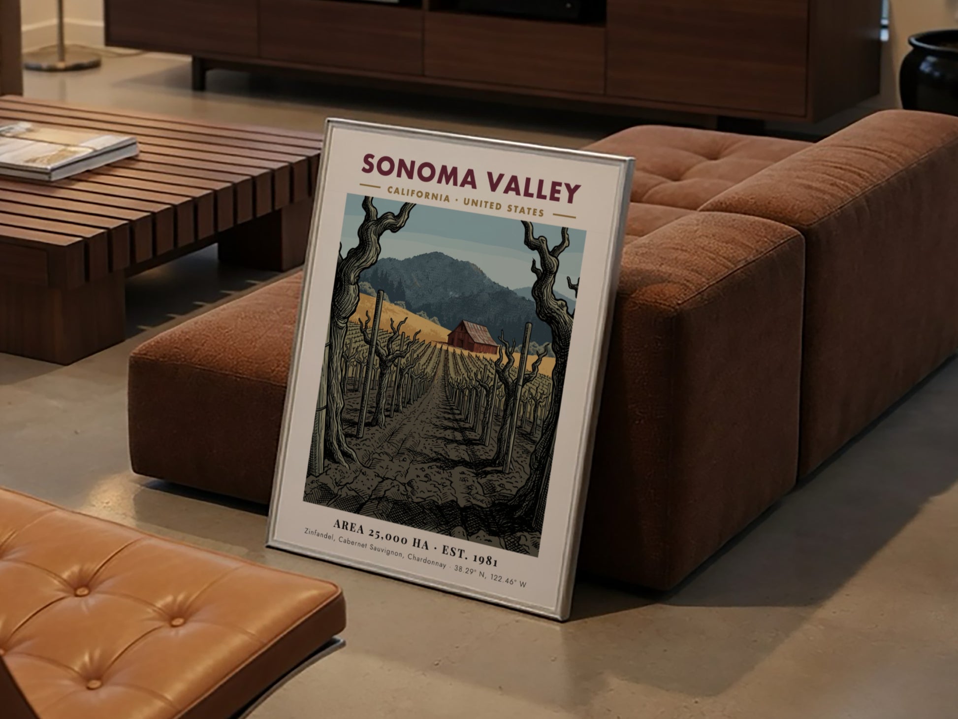Poster depicting Sonoma Valley vineyard with rows of vines leading to a red barn