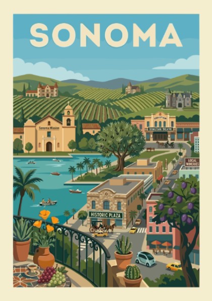 Sonoma landscape poster with vineyards, mission, and waterfront in a vintage travel art style.