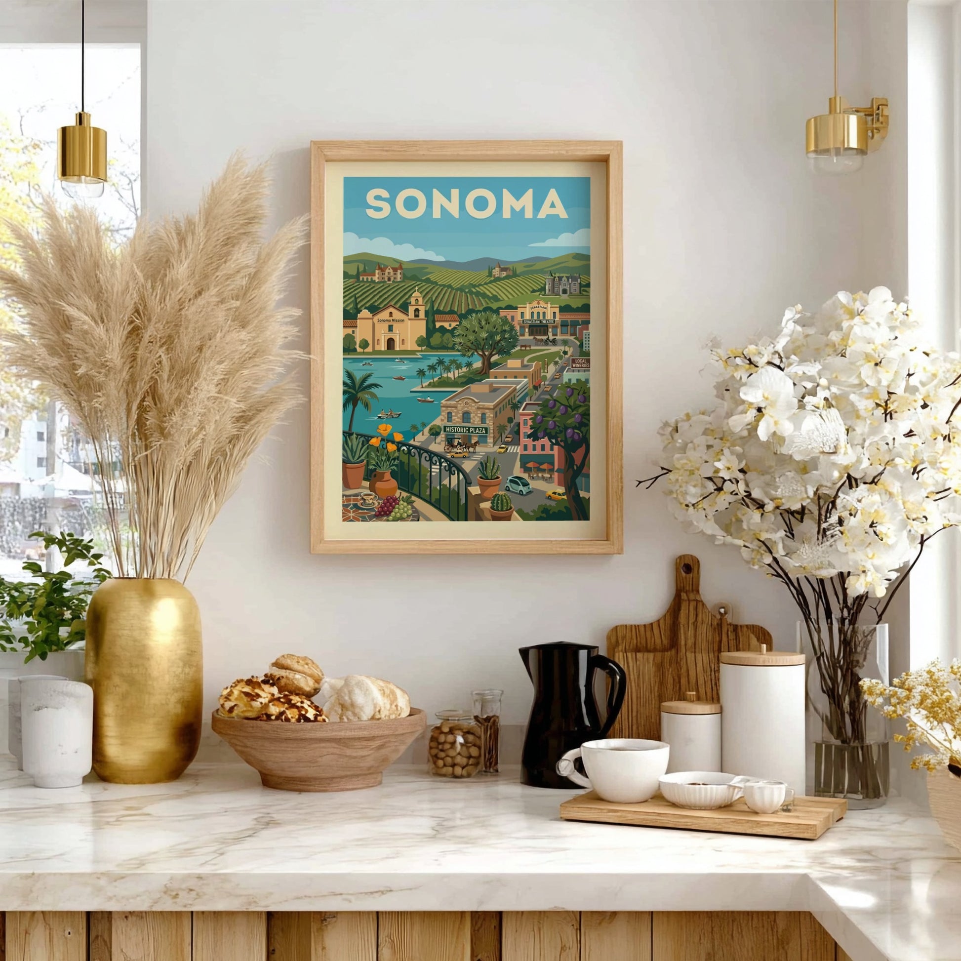 Sonoma landscape poster with vineyards, mission, and waterfront in a vintage travel art style.