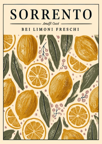 Sorrento kitchen poster featuring fresh lemons and leaves in warm colors, perfect for kitchen decor.