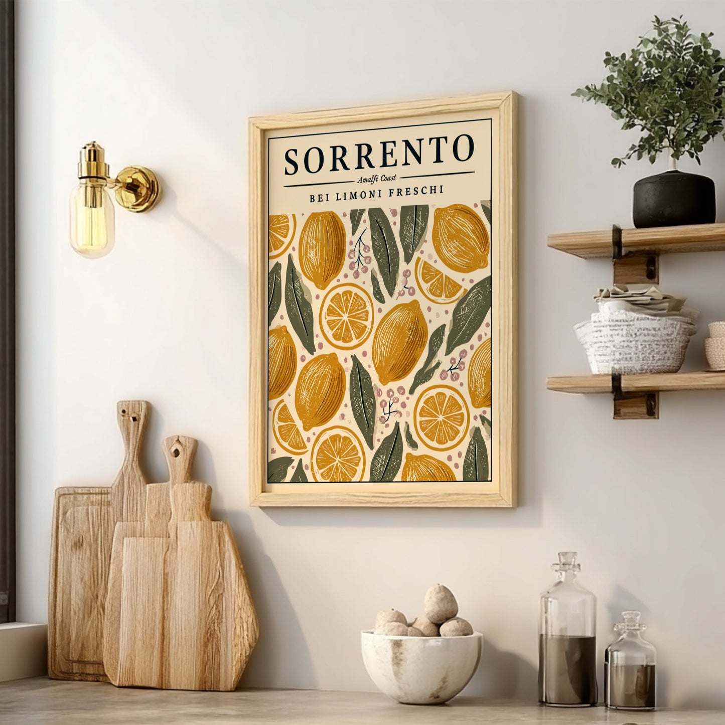 Sorrento kitchen poster featuring fresh lemons and leaves in warm colors, perfect for kitchen decor.