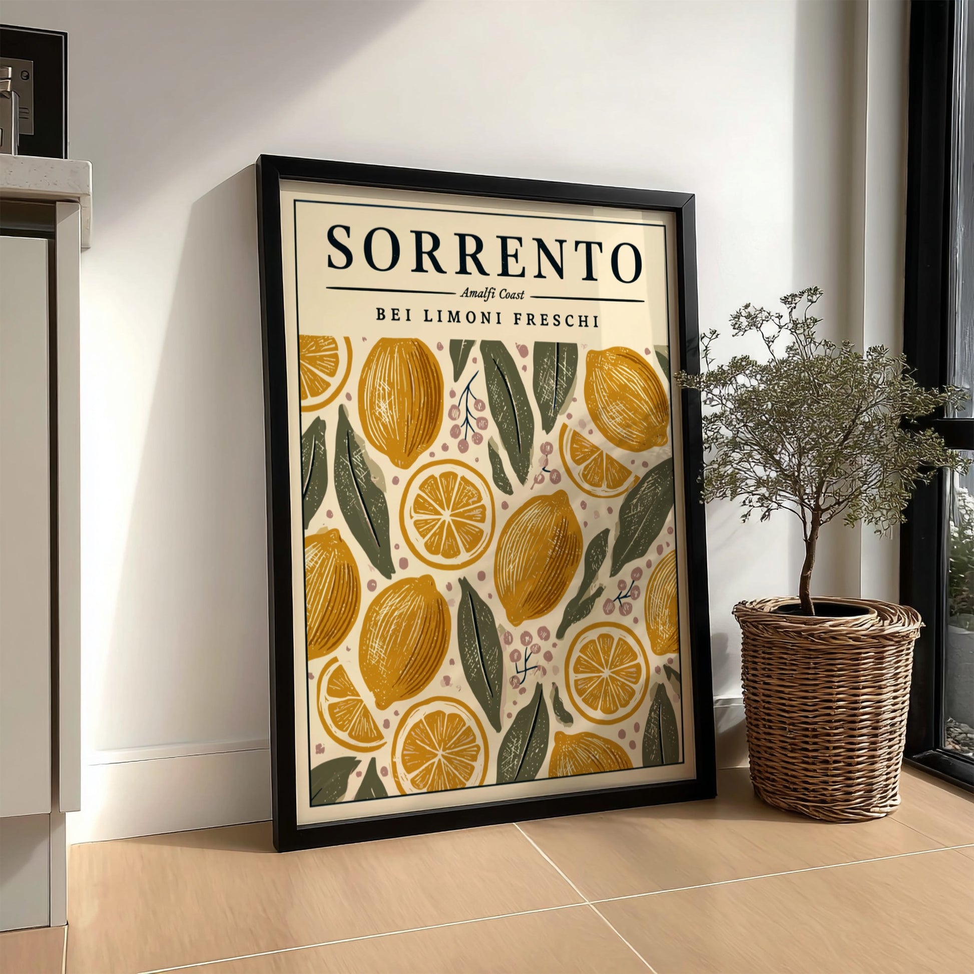 Sorrento kitchen poster featuring fresh lemons and leaves in warm colors, perfect for kitchen decor.