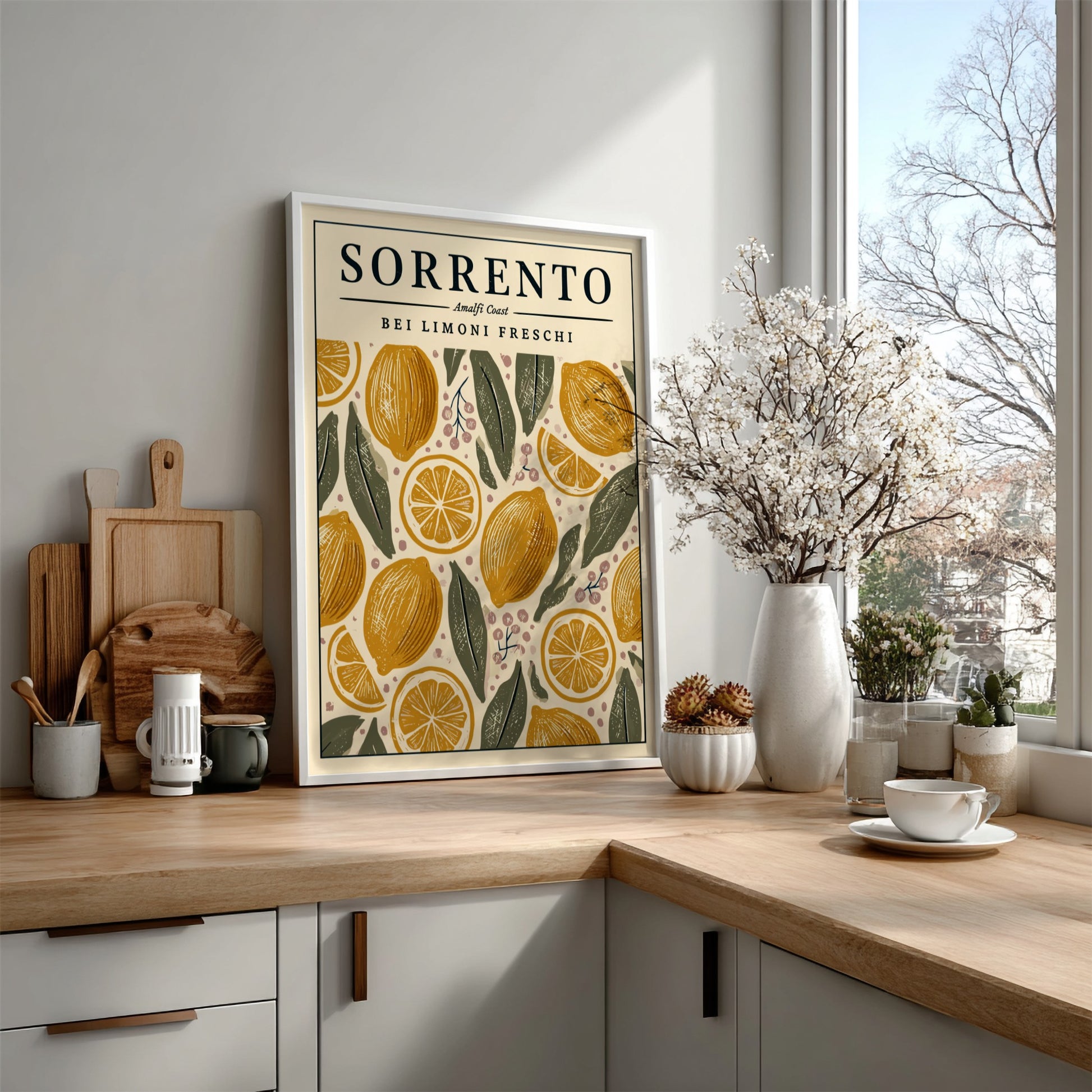 Sorrento kitchen poster featuring fresh lemons and leaves in warm colors, perfect for kitchen decor.