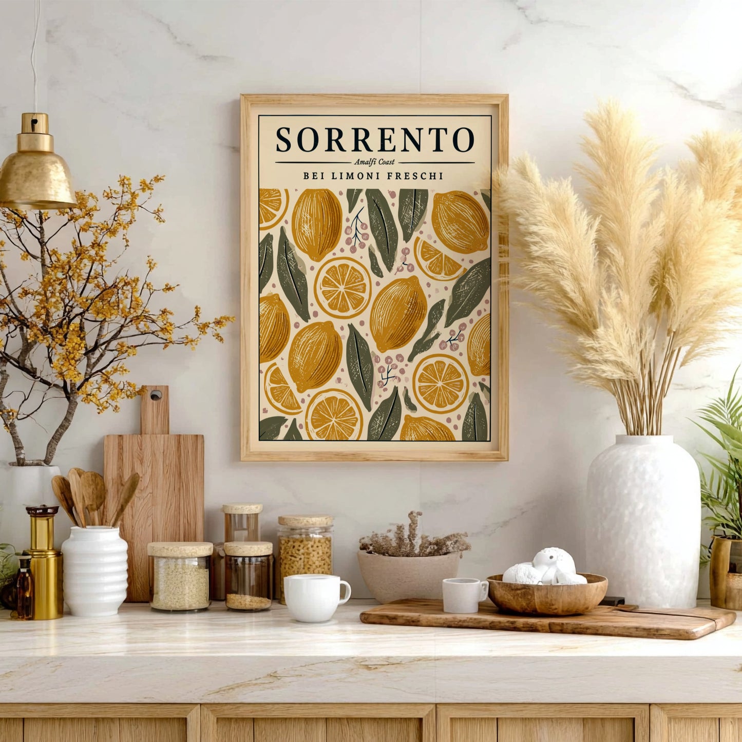 Sorrento kitchen poster featuring fresh lemons and leaves in warm colors, perfect for kitchen decor.