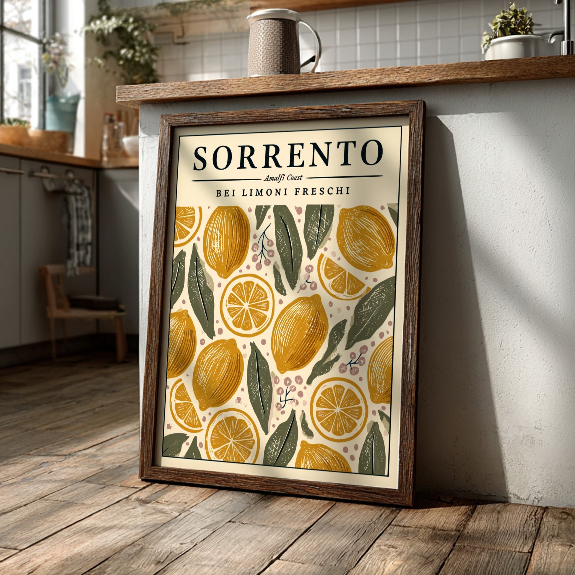 Sorrento kitchen poster featuring fresh lemons and leaves in warm colors, perfect for kitchen decor.