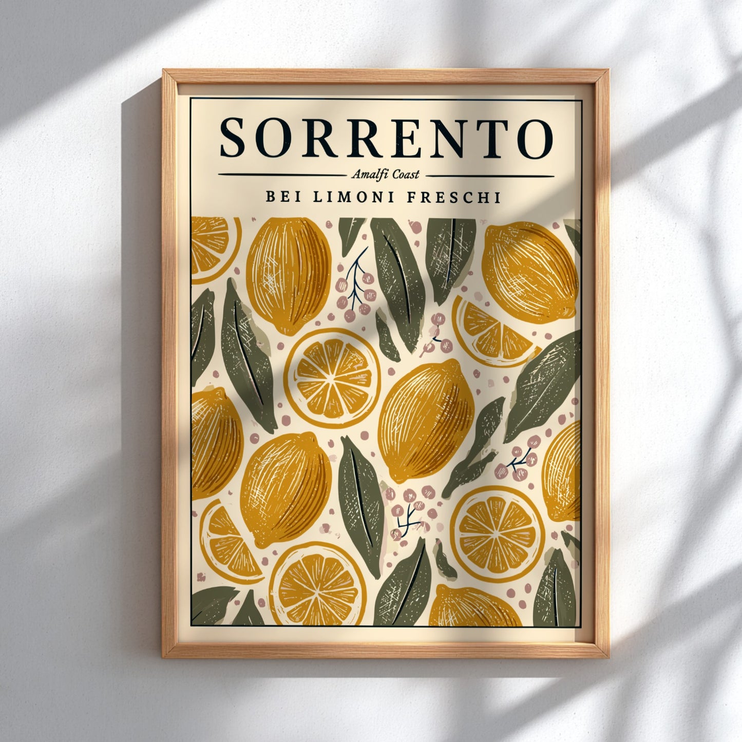Sorrento kitchen poster featuring fresh lemons and leaves in warm colors, perfect for kitchen decor.