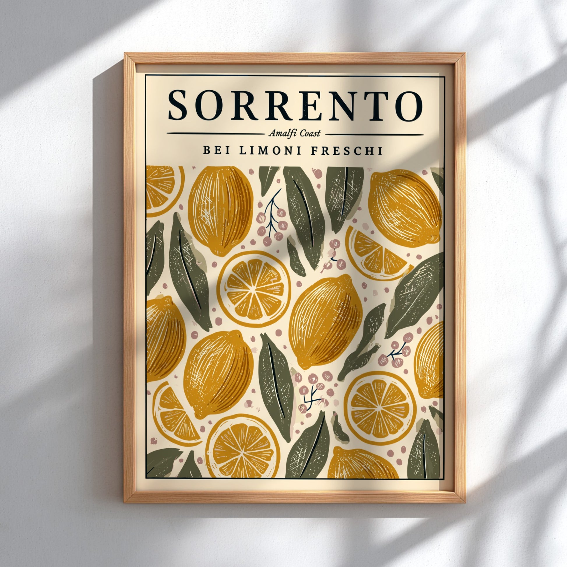 Sorrento kitchen poster featuring fresh lemons and leaves in warm colors, perfect for kitchen decor.