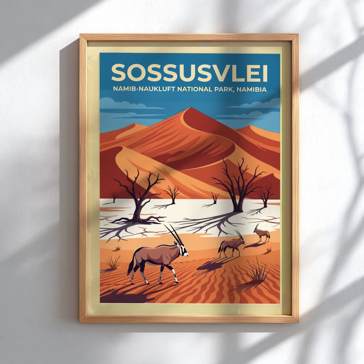 Travel poster of Sossusvlei featuring red dunes, gnarled trees, and gemsbok in Namibia.