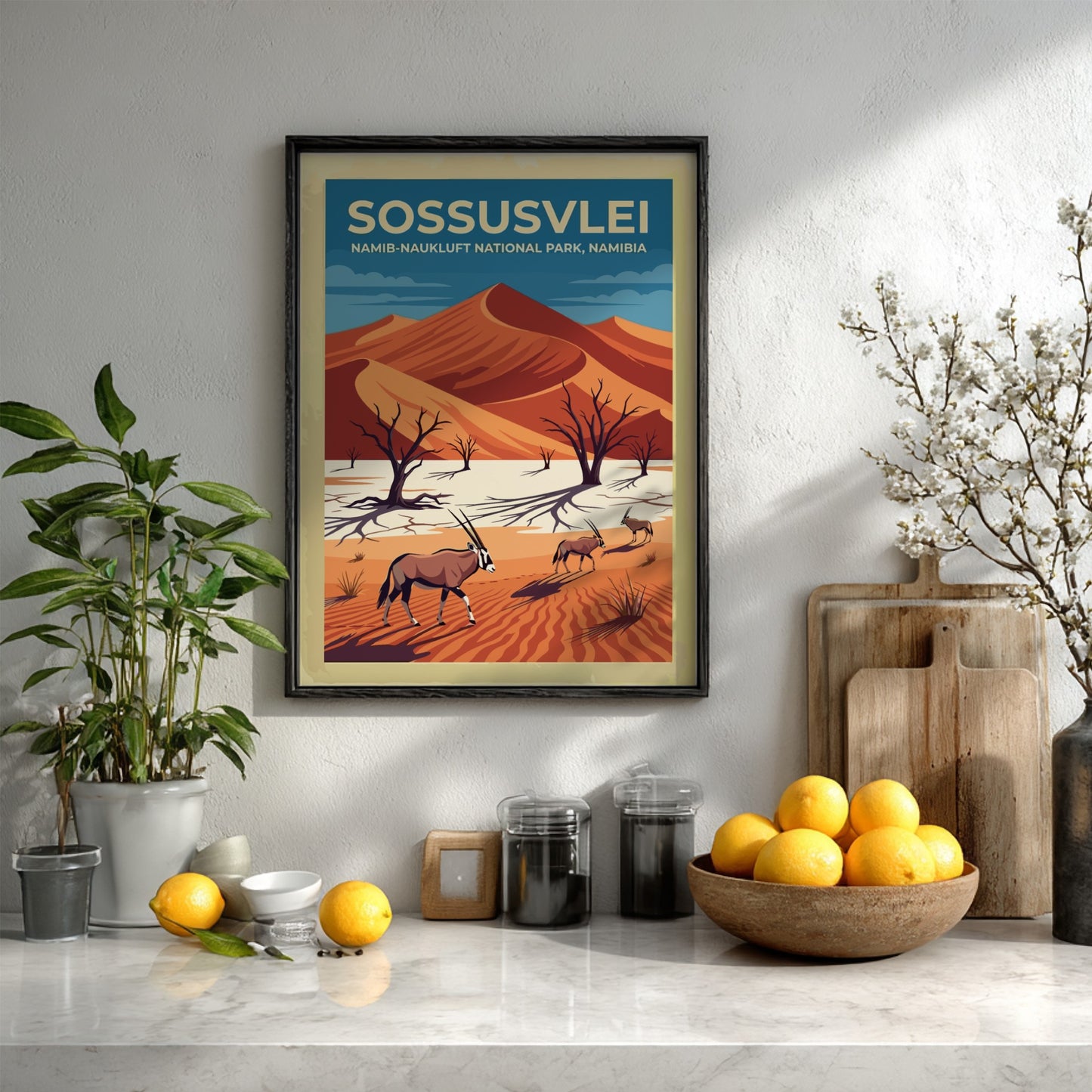 Travel poster of Sossusvlei featuring red dunes, gnarled trees, and gemsbok in Namibia.