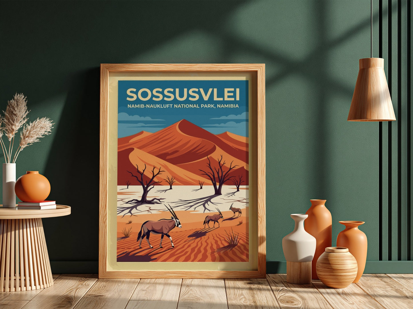 Travel poster of Sossusvlei featuring red dunes, gnarled trees, and gemsbok in Namibia.