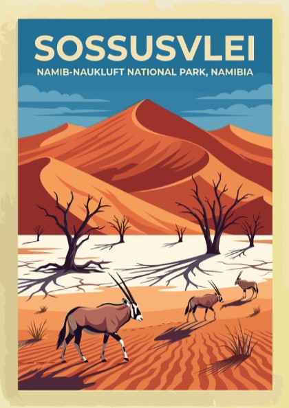 Travel poster of Sossusvlei featuring red dunes, gnarled trees, and gemsbok in Namibia.