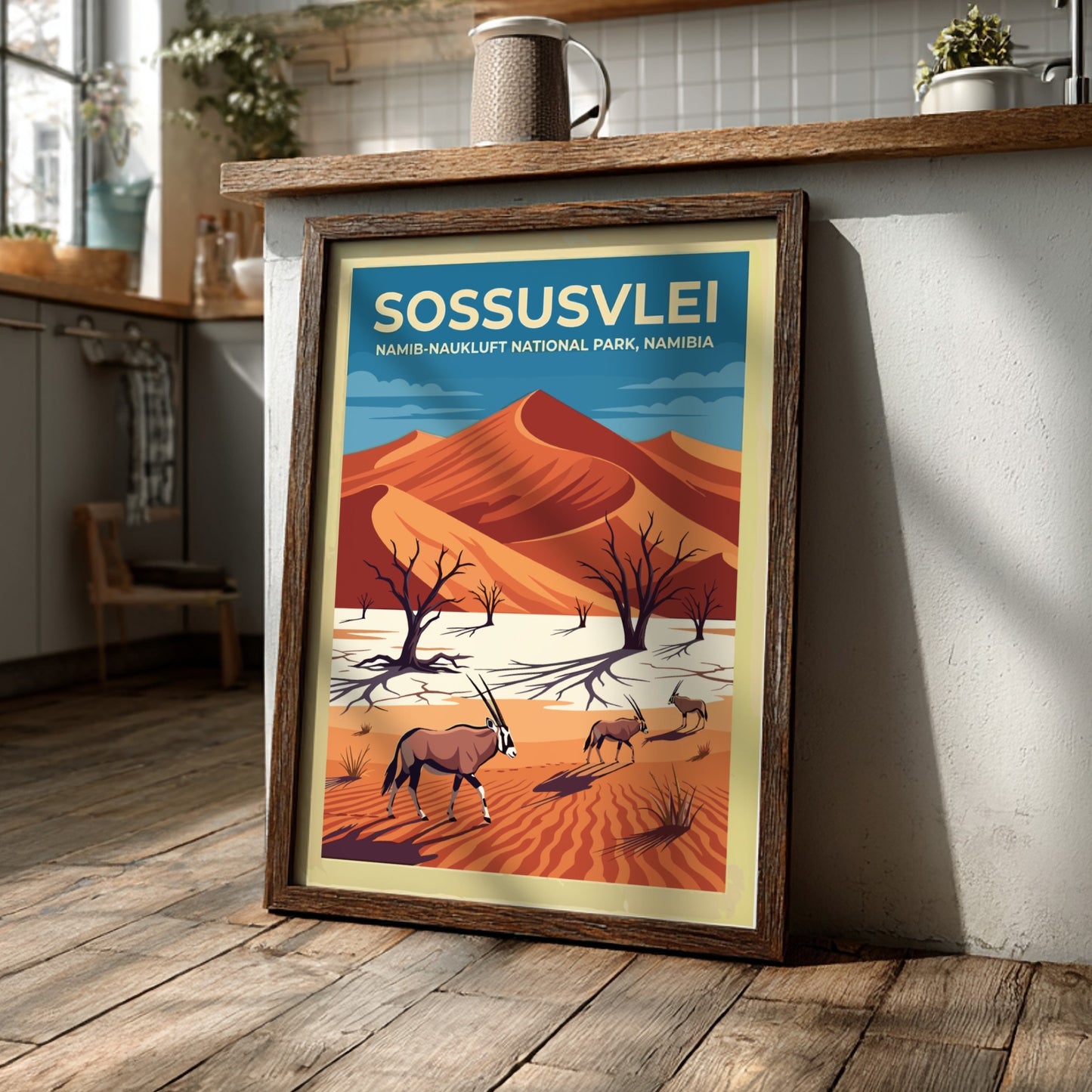Travel poster of Sossusvlei featuring red dunes, gnarled trees, and gemsbok in Namibia.