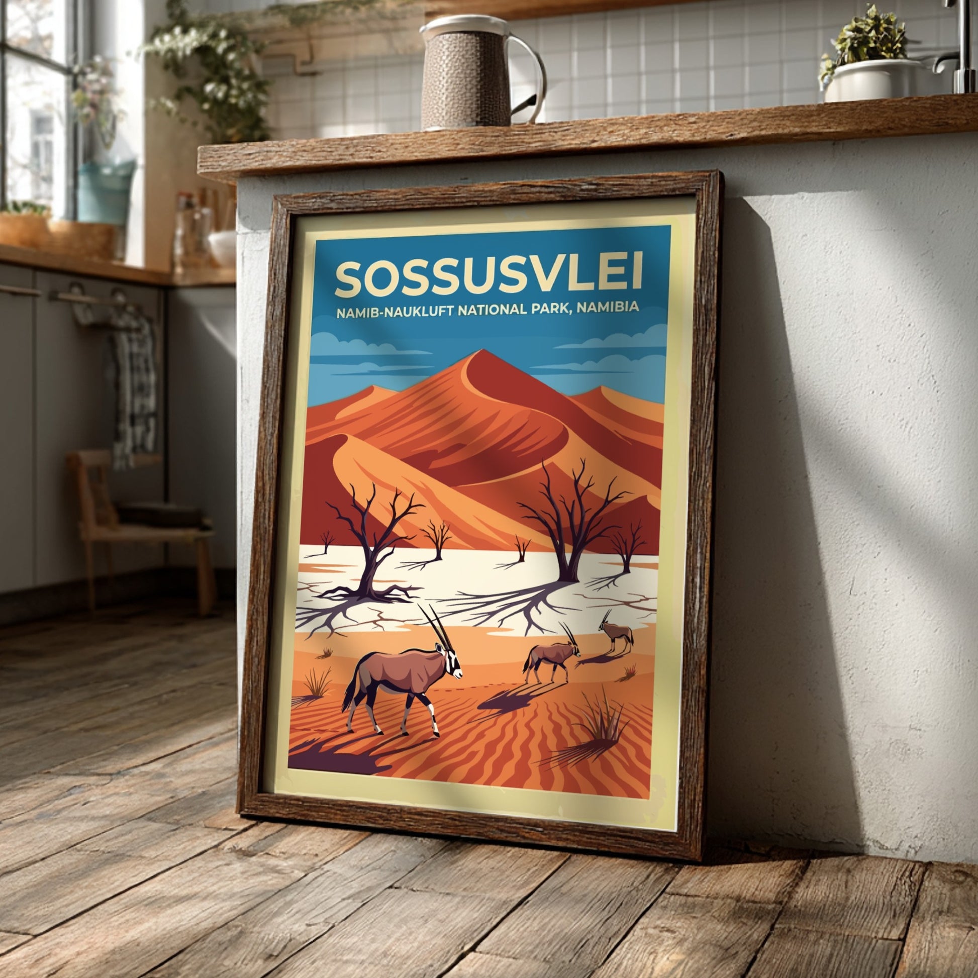 Travel poster of Sossusvlei featuring red dunes, gnarled trees, and gemsbok in Namibia.