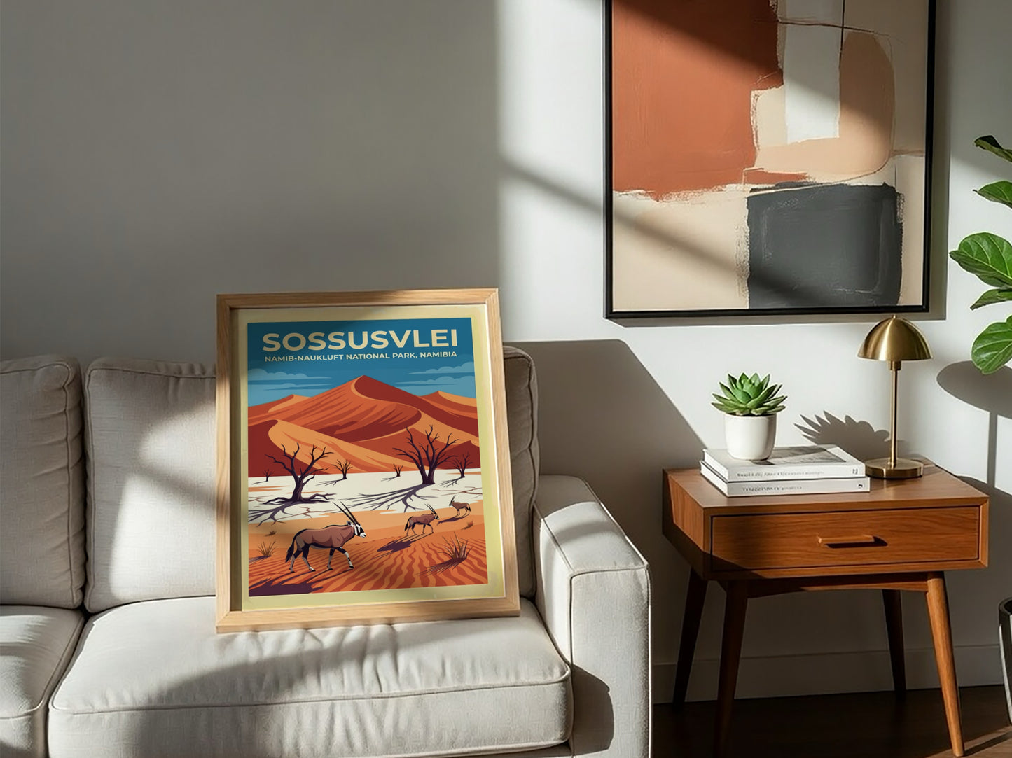 Travel poster of Sossusvlei featuring red dunes, gnarled trees, and gemsbok in Namibia.