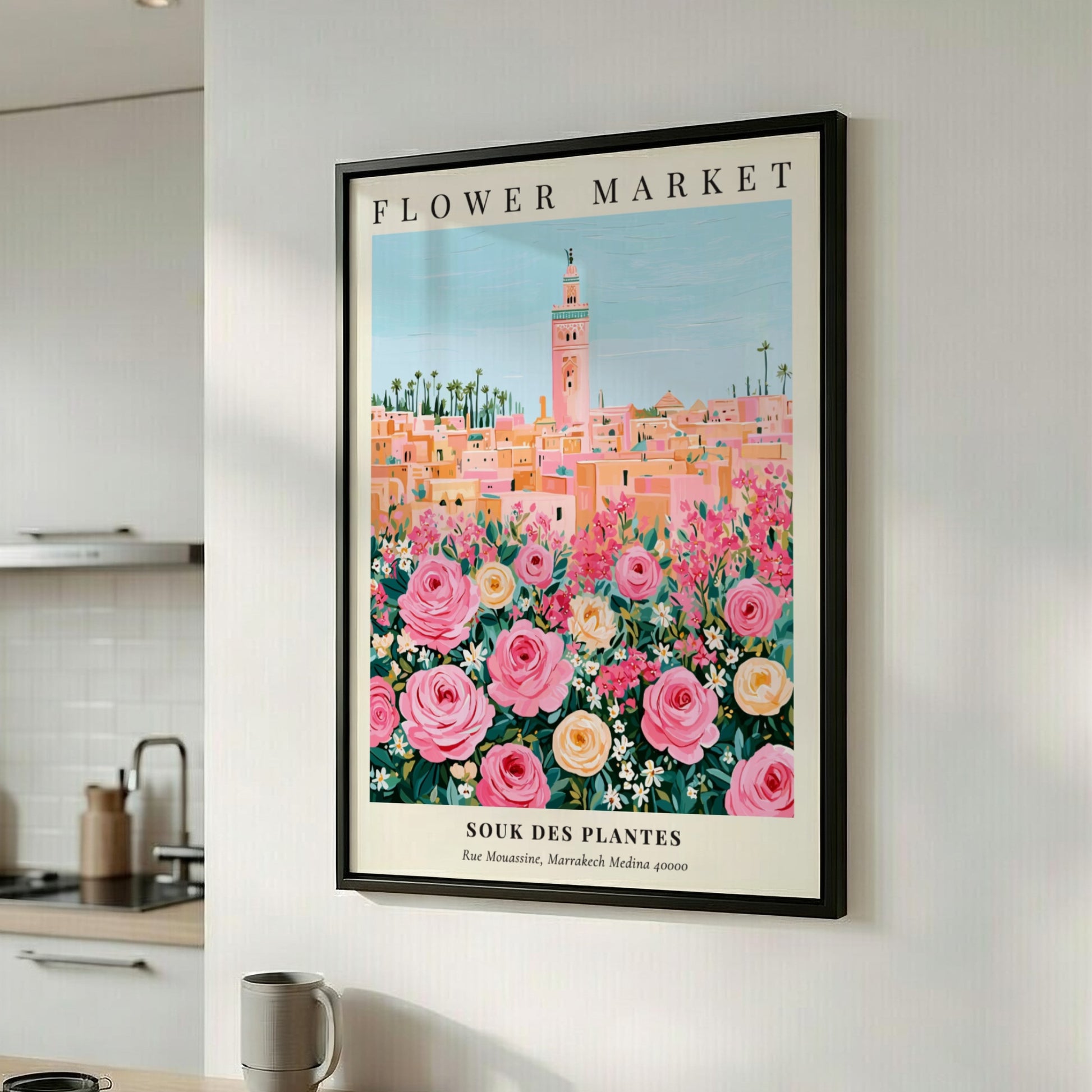 Floral art print featuring vibrant roses and a market scene in pastel colors