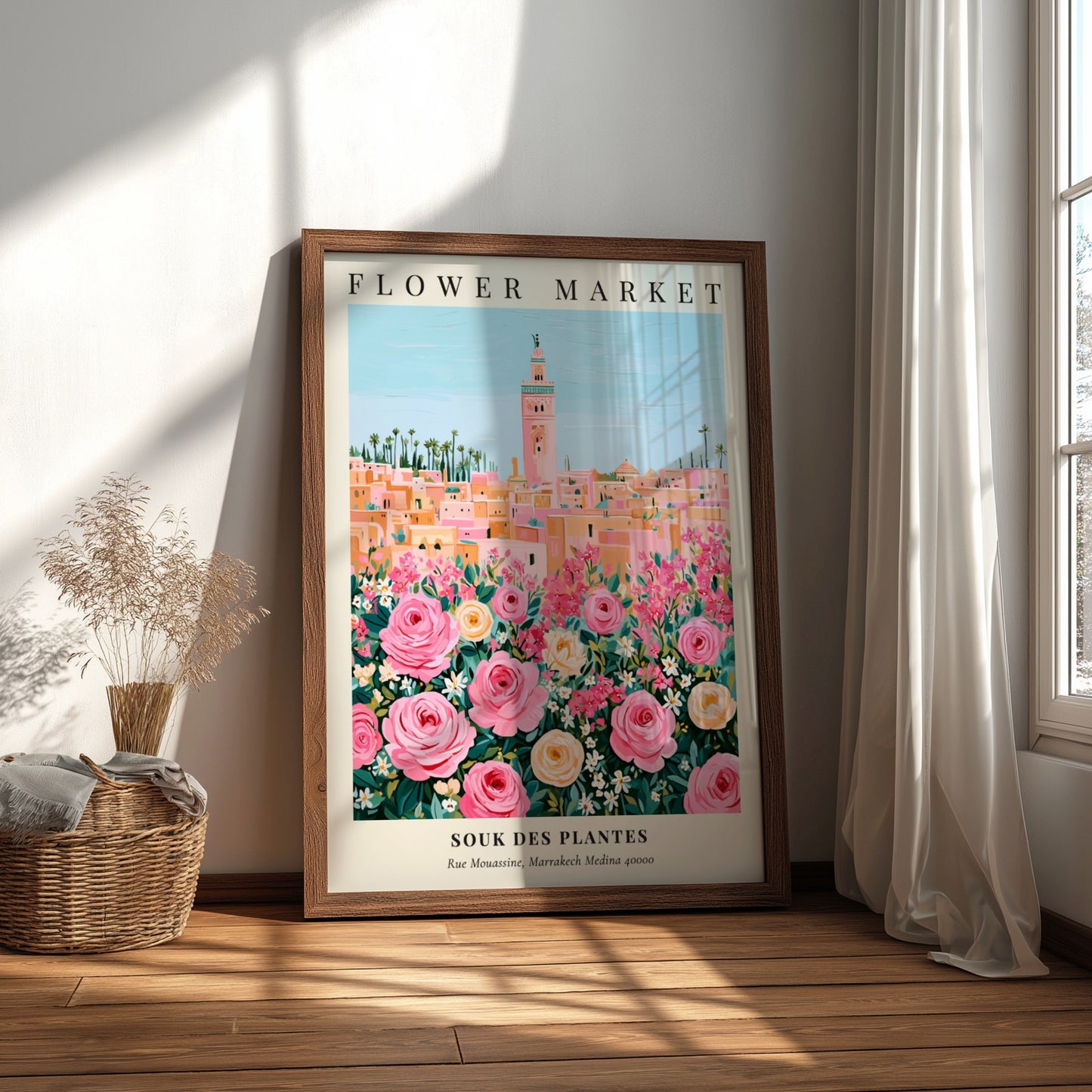 Floral art print featuring vibrant roses and a market scene in pastel colors