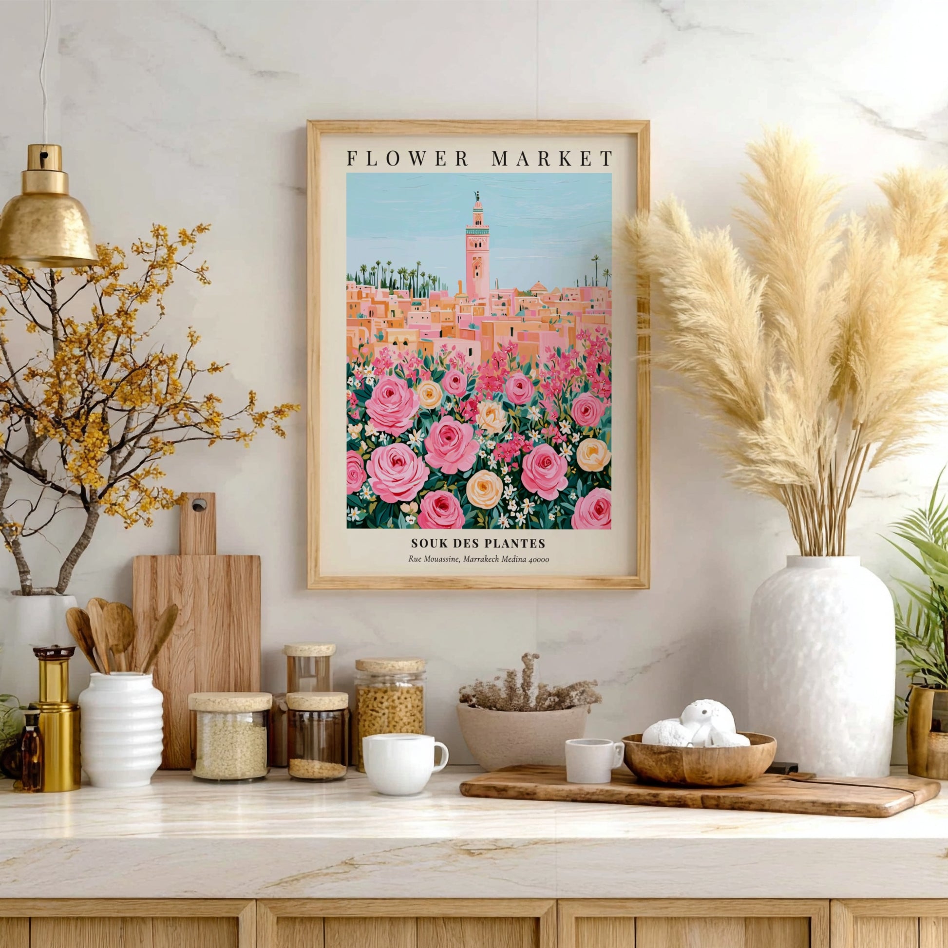 Floral art print featuring vibrant roses and a market scene in pastel colors