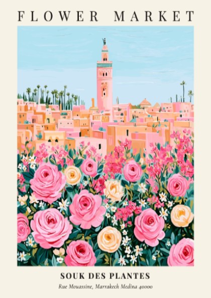 Floral art print featuring vibrant roses and a market scene in pastel colors