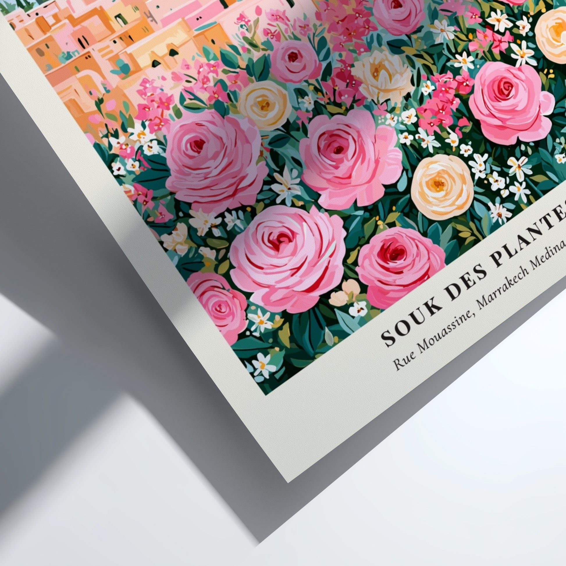 Floral art print featuring vibrant roses and a market scene in pastel colors