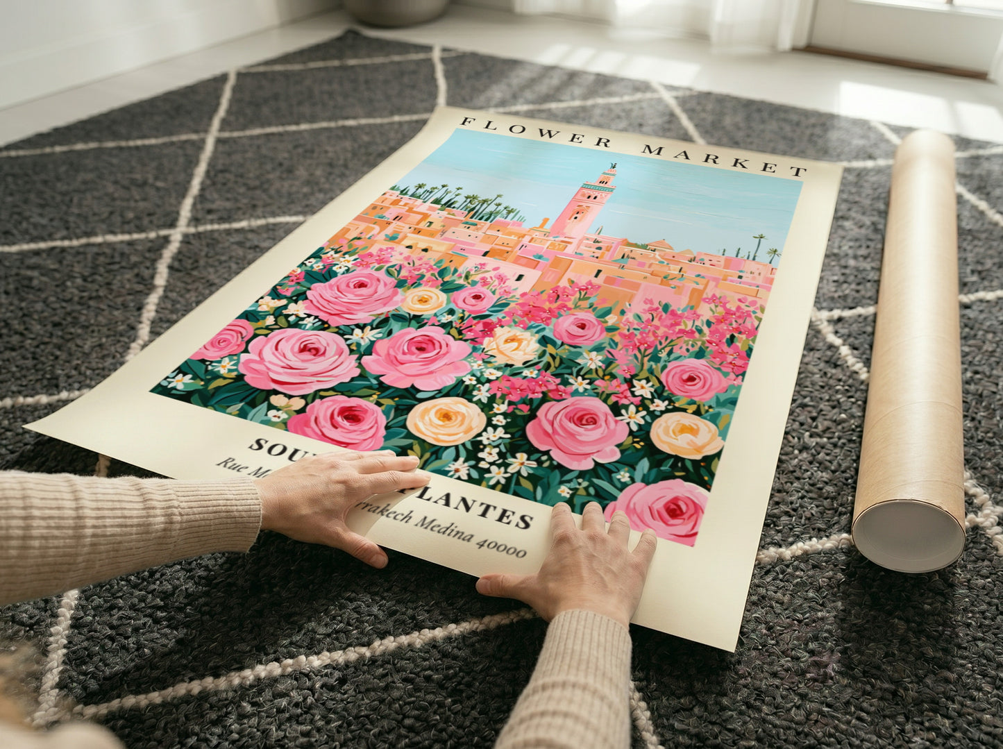 Floral art print featuring vibrant roses and a market scene in pastel colors