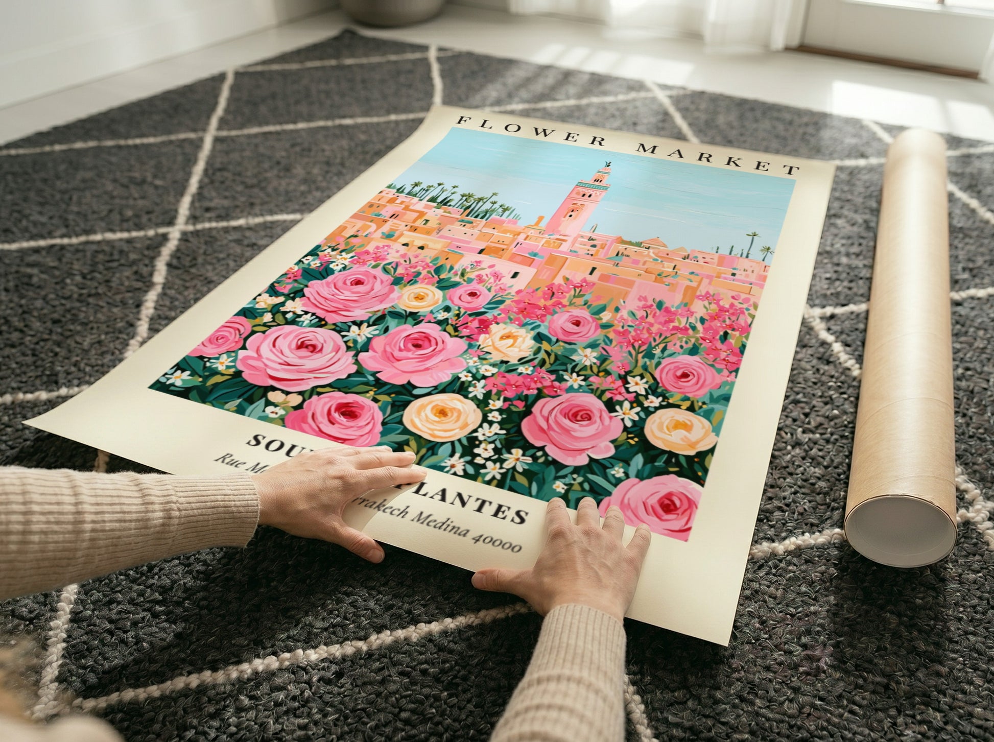 Floral art print featuring vibrant roses and a market scene in pastel colors