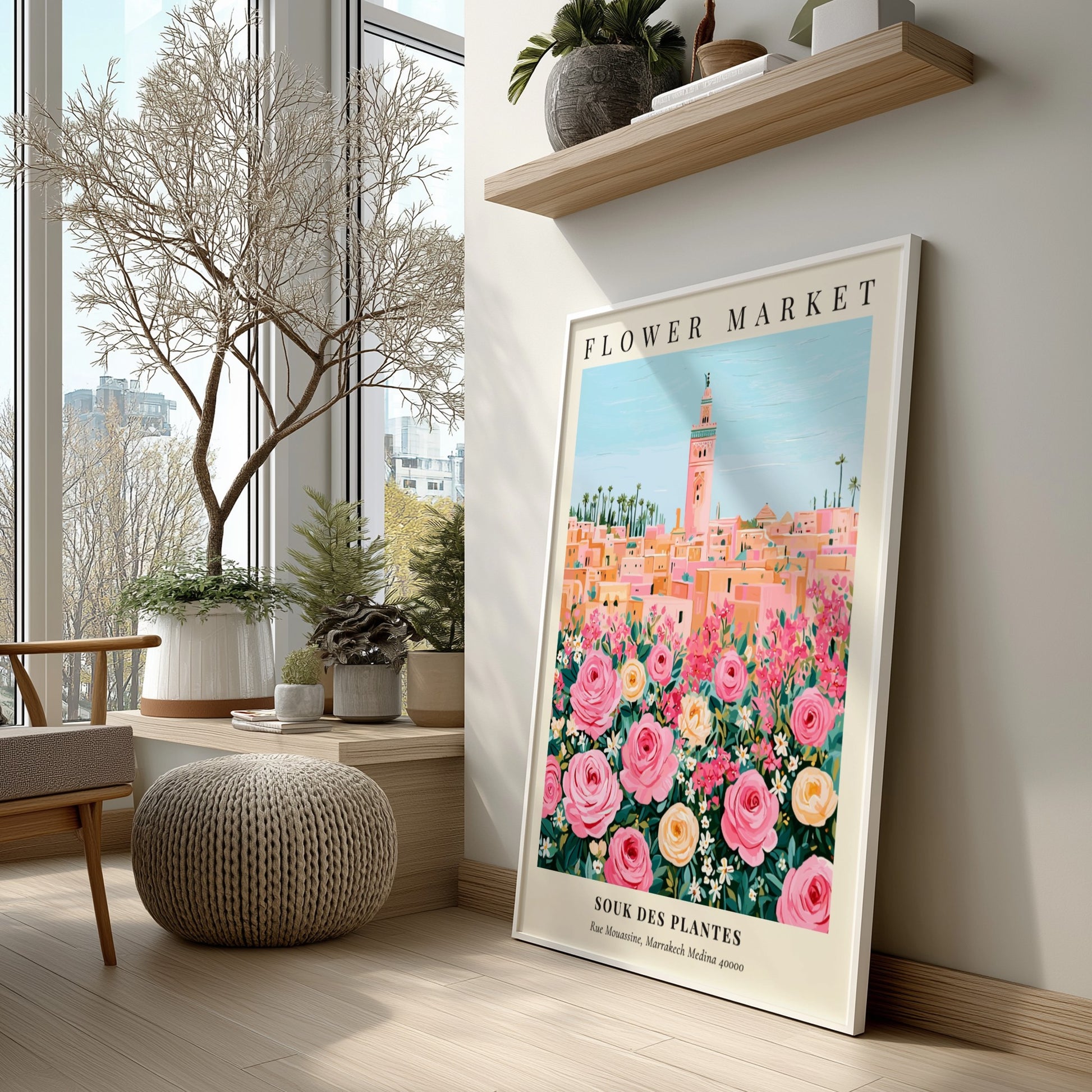 Floral art print featuring vibrant roses and a market scene in pastel colors