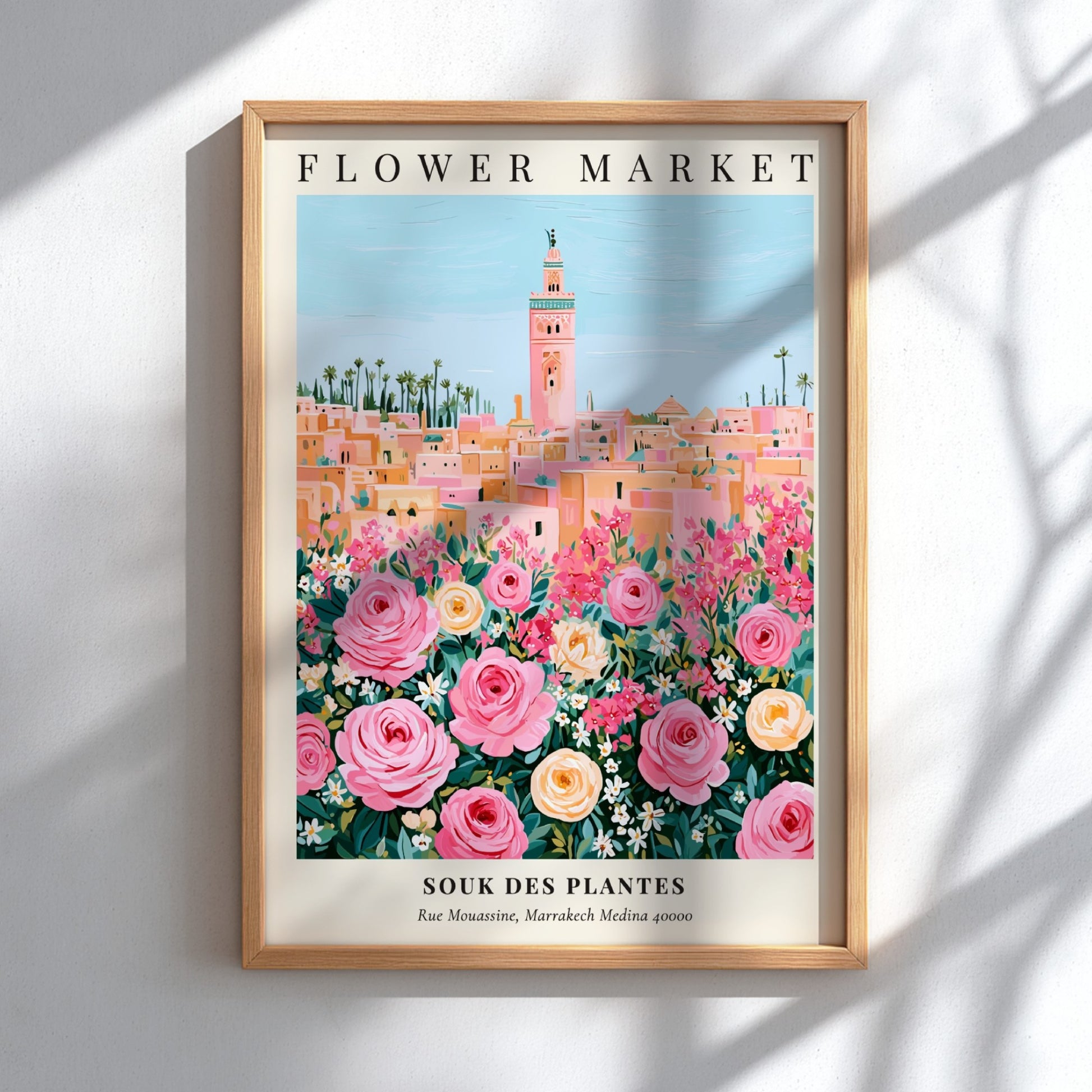 Floral art print featuring vibrant roses and a market scene in pastel colors
