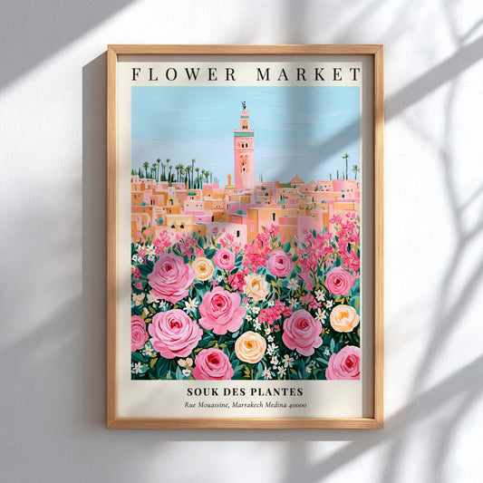 Floral art print featuring vibrant roses and a market scene in pastel colors
