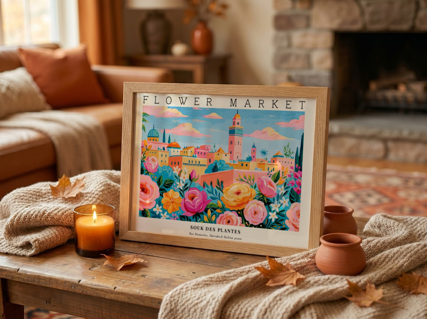 Flower market poster featuring vibrant flowers and a colorful landscape