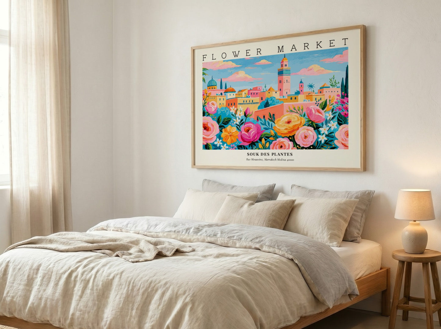 Flower market poster featuring vibrant roses and a lively landscape in bright colors