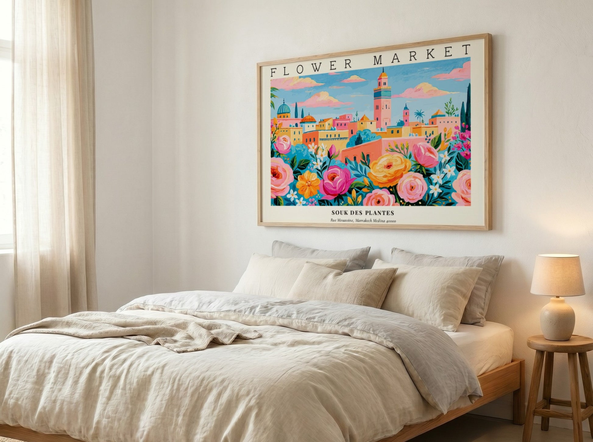 Flower market poster featuring vibrant flowers and a colorful landscape
