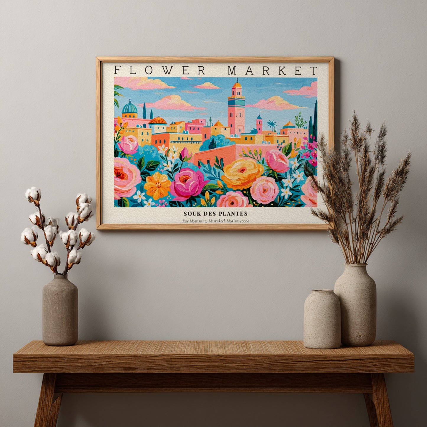 Flower market poster featuring vibrant flowers and a colorful landscape
