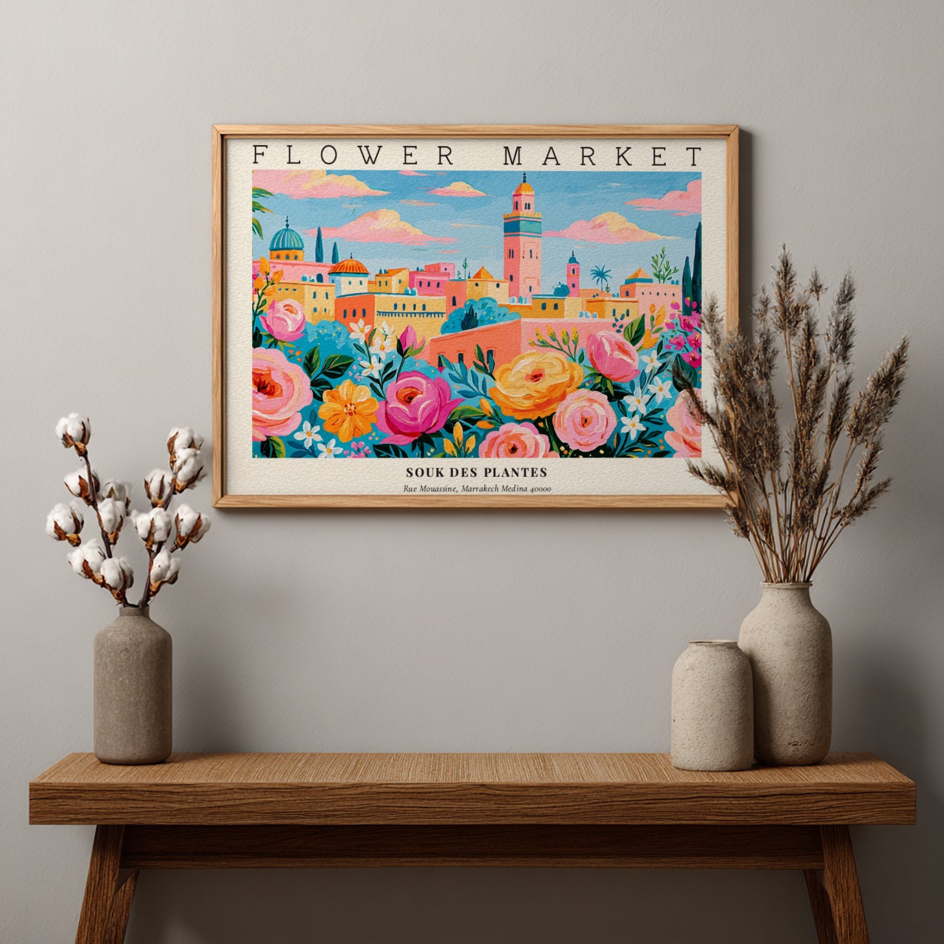 Flower market poster featuring vibrant flowers and a colorful landscape