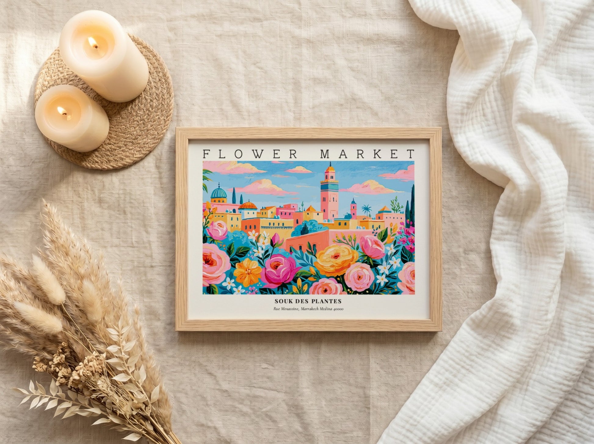 Flower market poster featuring vibrant roses and a lively landscape in bright colors
