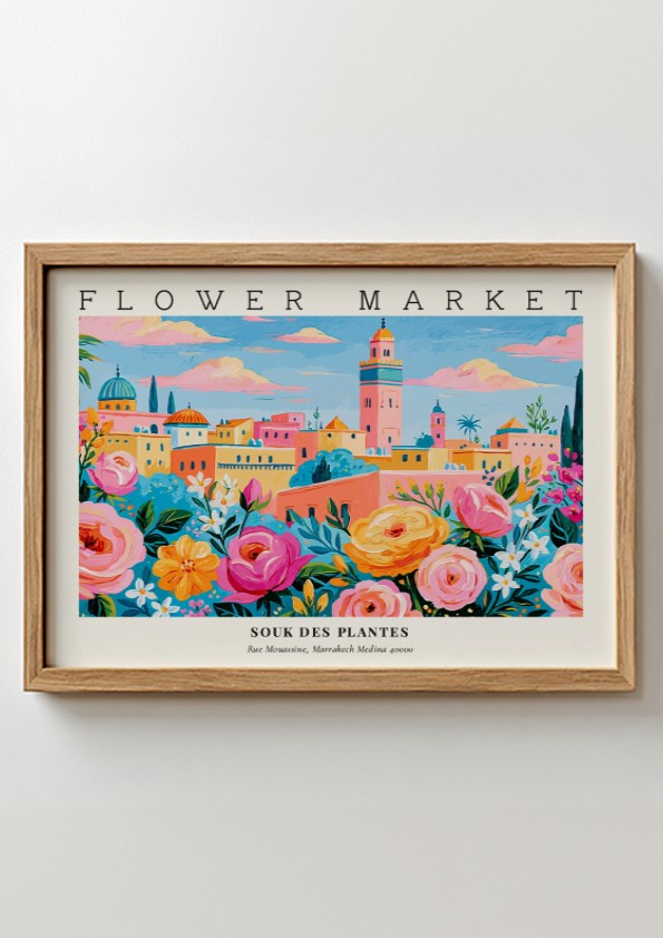 Flower market poster featuring vibrant roses and a lively landscape in bright colors