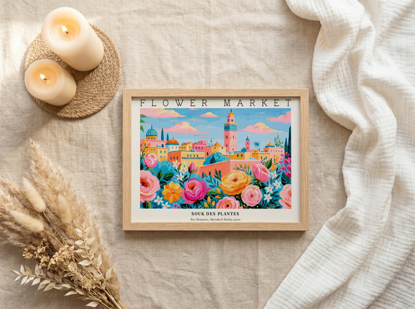 Flower market poster featuring vibrant flowers and a colorful landscape