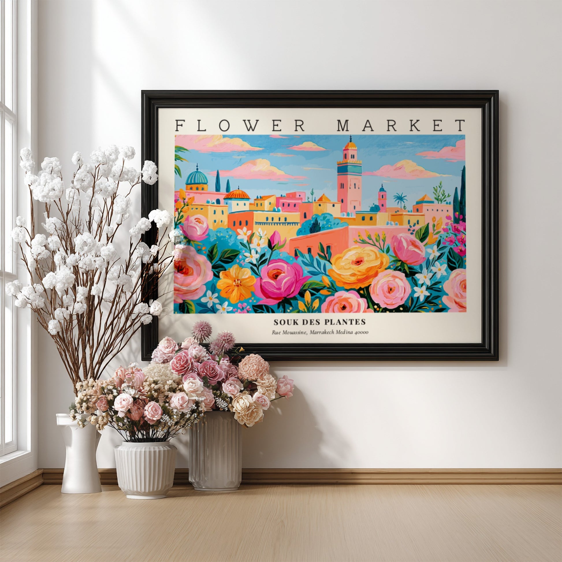 Flower market poster featuring vibrant flowers and a colorful landscape