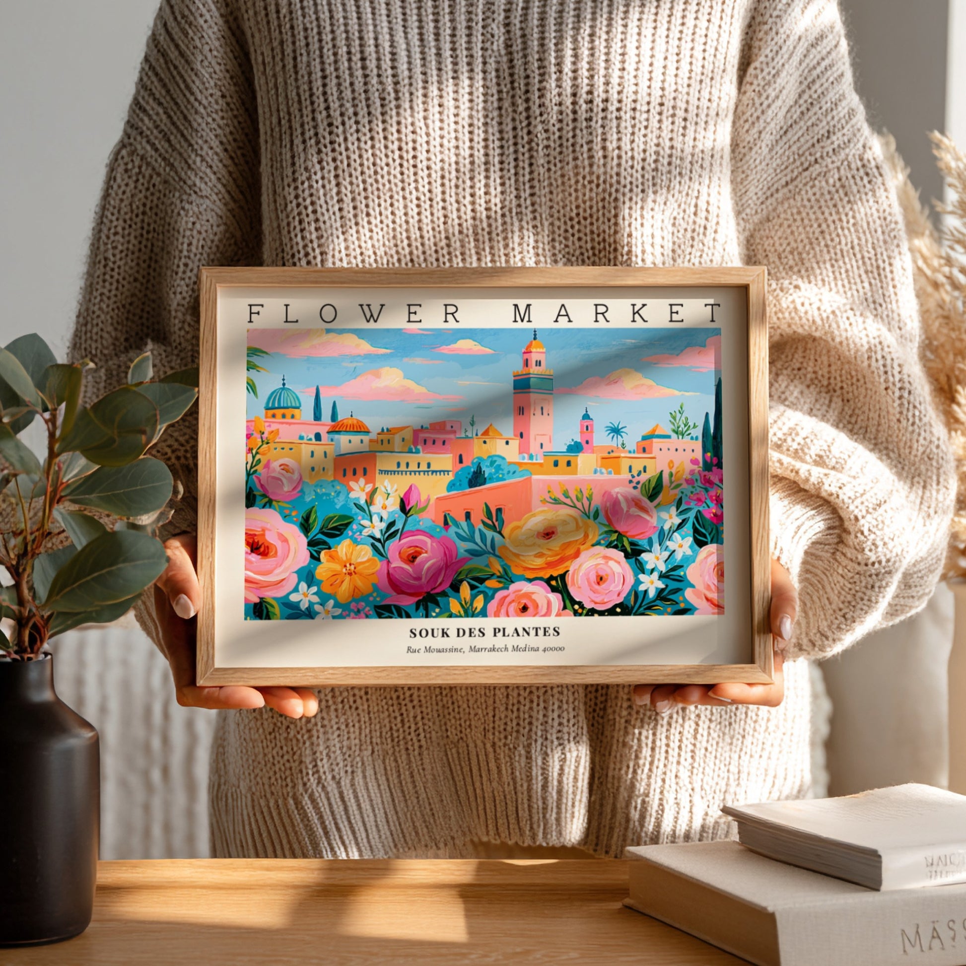 Flower market poster featuring vibrant flowers and a colorful landscape