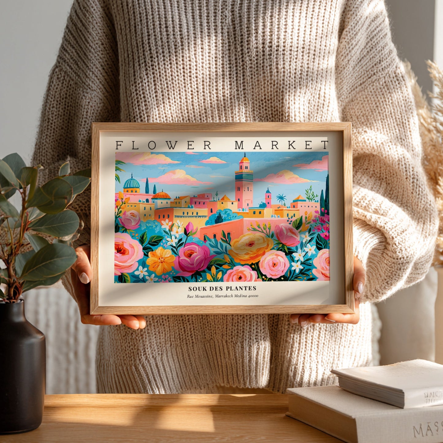 Flower market poster featuring vibrant roses and a lively landscape in bright colors