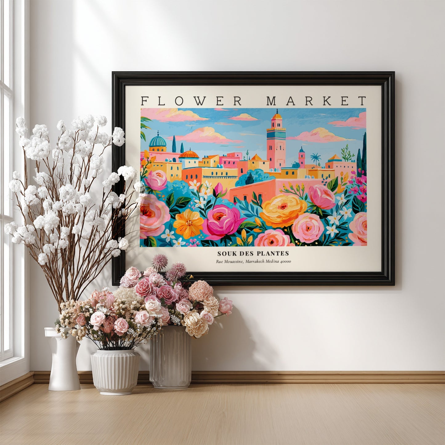Flower market poster featuring vibrant roses and a lively landscape in bright colors