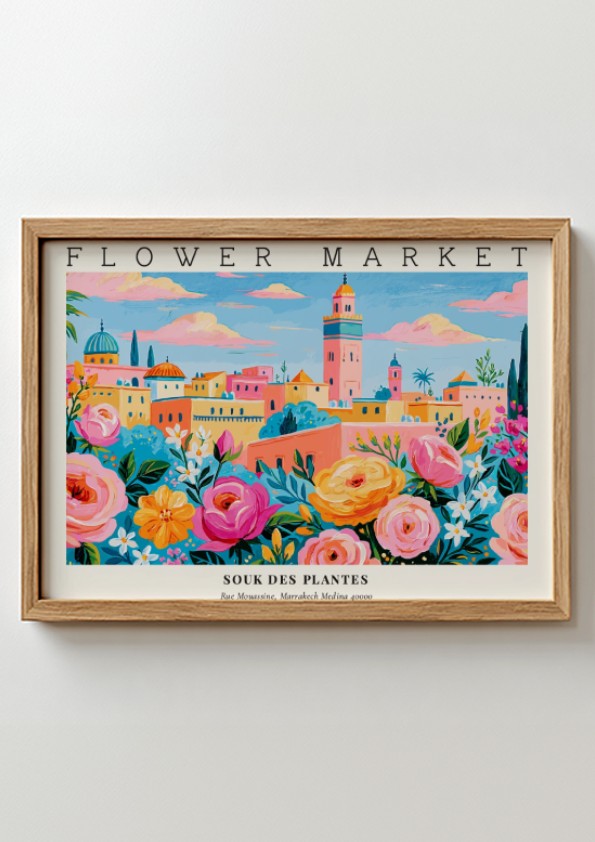 Flower market poster featuring vibrant flowers and a colorful landscape