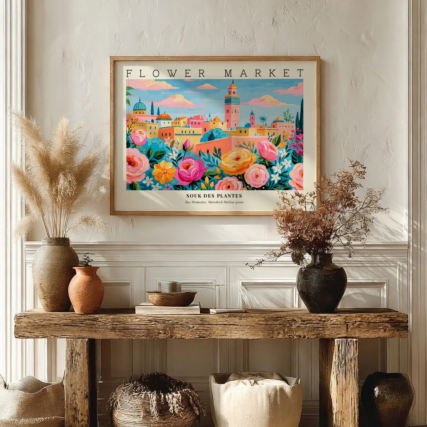Flower market poster featuring vibrant roses and a lively landscape in bright colors